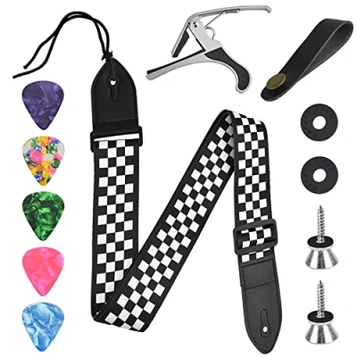 Imagen de DIKEBAO 12 Pcs Kit I Correa de Guitarra Acustica, Electrica y Bajo, Strap para Colgar, Cinta Ajustable 80 137cm + 1 Cejilla 5 Púas