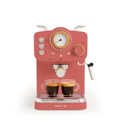 Imagen de CREATE / THERA RETRO/Cafetera Express Semiautomática Terracota Mate y Madera 20 bares, brazo doble salida, depósito 1,25L, café molido monodosis ESE 55mm, con vaporizador, 1100W