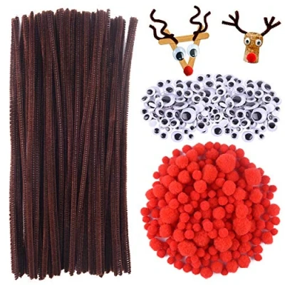 Imagen de XZEIT 400 Piezas Limpiapipas navideños de alambre chenilla,100 Tallos Chenilla Pipe Cleaner,150 Ojos Manualidades Moviles Adhesivos Saltones, 150 Pompones Rojos Pompon