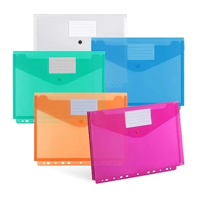 Imagen de DATEFUN Carpetas Plastico A4 20 PCS, 3D Transparente Sobres Portafolios con 11 Agujeros, Bolsa Impermeable, Carpeta fundas A4, para Oficina Escuela (5 Colores)