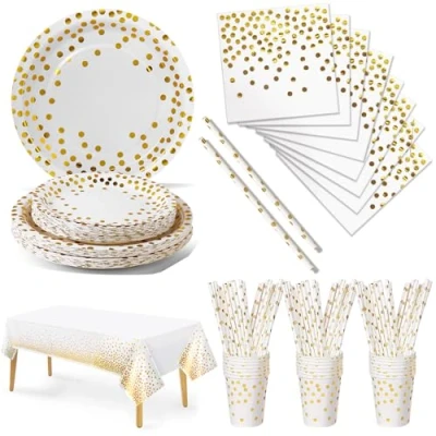 Imagen de Nkaiso Vajilla de Fiesta,126 Piezas Blanco Puntos Dorados Set Juego Platos y Cubiertos, cubertería cartón, Vasos servilletas,para cumpleaños,Aniversarios (25 Invitados)