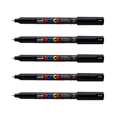 Imagen de Posca Uni Mitsubishi Pencil PC1MR Rotulador, Punta Extrafina Calibrada de 0,7 mm, Pintura A Base Agua, para cualquier superficie (Papel, Textil, Vidrio, Guijarro y más), negro (5 unidades)