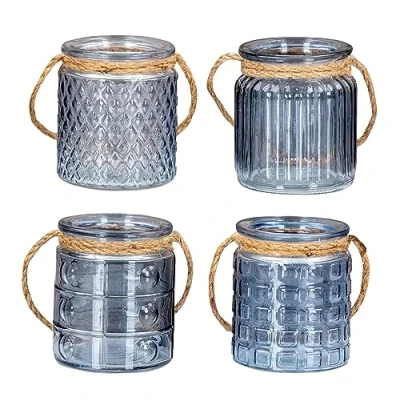 Imagen de levandeo Juego de 4 portavelas H10 cm cristal, color azul, decorativo retro lino