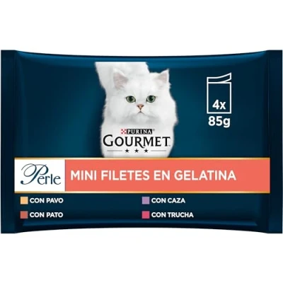 Imagen de Gourmet Purina Perle Mini Filetes en Gelatina, Comida Húmeda para Gato con Pato, Trucha, Caza y Pavo, 12 Paquetes de 4 Sobres 85g 48