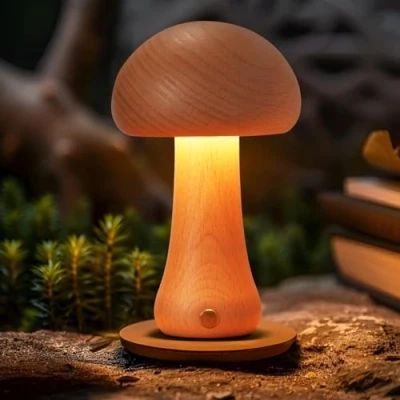 Imagen de Schindora Lamparas De Mesita Noche LED,Madera Setas Luz Nocturna Infantil Sin Cable,USB 3W Dimmer,Bebe Lampara Mesa Para Dormir Decoracion Regalos