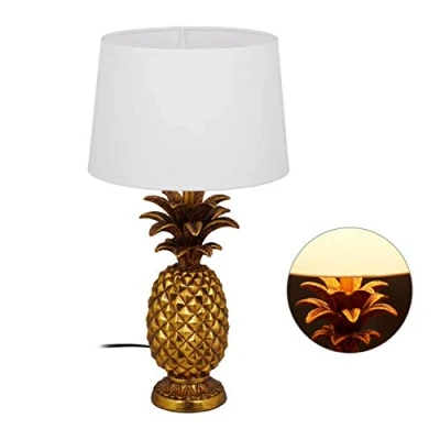 Imagen de Relaxdays Lámpara de mesa con forma piña, Pantalla textil, E27, Decorativa, 54 x 30 cm, 1 Ud., Dorada