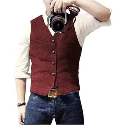 Imagen de Solovedress Traje de espiga lana casual para hombre, chaleco con cuello en V, tweed novios boda, granate, M
