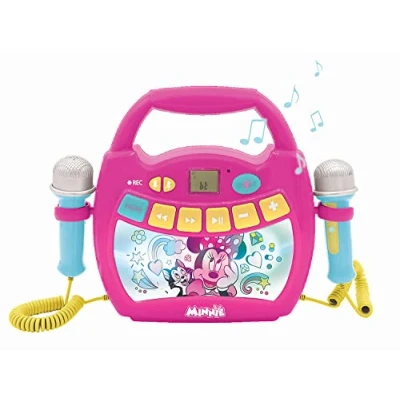 Imagen de Lexibook Disney Minnie Reproductor de música Karaoke portátil para niños Micrófonos, Efectos luz, Bluetooth, Grabación y Cambio Voz, Baterías Recargables