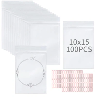 Imagen de KOMABLEN 100 Piezas Bolsas Zip Resellables, 10x15cm Plastico Pequeñas Transparente, Impermeable Autocierre, Ziplock Bags Cierre Edredón, Almacenamiento, Manta