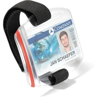 Imagen de Durable 841419 Identificador de tarjetas para brazo con cinta ajustable 1 tarjeta, resistente al agua, a los rayos UV y frío, 10 piezas, porta insignias transparente/banda negra