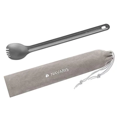 Imagen de Navaris Cubierto de Titanio 2 en 1 Tenedor Cuchara Ultraligero Acampada con Mango Extra Largo Incluye Bolsa algodón
