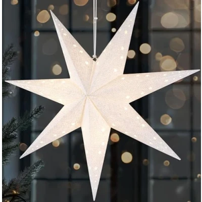 Imagen de BRUBAKER Estrella de Navidad LED para Colgar Papel 60 cm con 7 Puntas Adviento 3D Funciona Pilas, se Cuelga y Ilumina Luz Decorativa Blanca