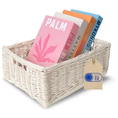 Imagen de Creative Home Cesta de Mimbre Caja Almacenaje Blanca Natural con Asas 40x30x16cm (+/ 2cm) Hecha a Mano Duradera Ideal para Documentos, Objetos Valor, Juguetes, Herramientas Niños