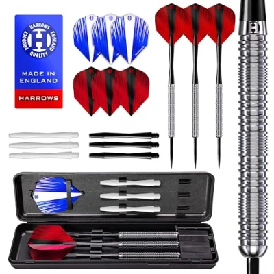 Imagen de Harrows Caliber 90% Juego de Dardos con Punta Acero tungsteno I 21 g a 30 Paquete Enorme 16 Piezas Ejes Repuesto, Plumas Prime y Estuche Viaje (Plata, 22 Gramos)