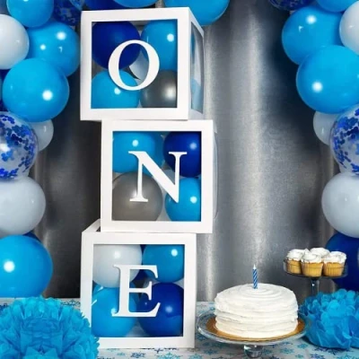 Imagen de Decoraciones para el primer cumpleaños niño niña, 3 cajas de globos transparentes blancos con una letra, bloques telón fondo del
