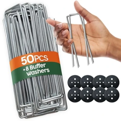 Imagen de PORTENTUM Grapas Césped Artificial 50 Uds + 8 Arandelas Piquetas Camping Suelo Duro, Estacas para Tomateras, Camping, Malla Antihierbas y