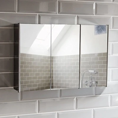 Imagen de Bath Vida Tiano Armario con Espejo de baño 3 Puertas Acero Inoxidable, Color Plateado Mecanismo Cierre magnético, aleado, Plata, H 45 x W 68 D 13 cm