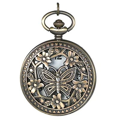 Imagen de JewelryWe Reloj de bolsillo redondo cuarzo con diseño mariposa, corazón y amor, collar aleación, fantasía, color cobre, cadena 80 cm bolsa regalo