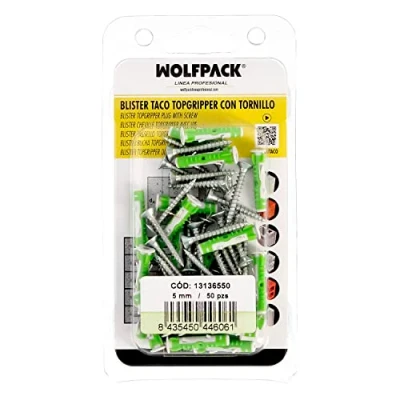 Imagen de WOLFPACK LINEA PROFESIONAL Blister Tacos Topgripper Bimaterial Con Tornillos Ø 5 mm. 50 Piezas Taco Anclaje Universal, Hormigon, Pladur,