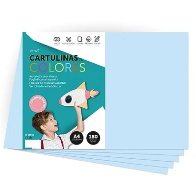 Imagen de Cartulina de Colores, A4 Color Pastel, Folios Colores 180gr para Manualidades, Imprimir tus Documentos y Diseños Creativos, Pastel · m office (x100, azul claro)