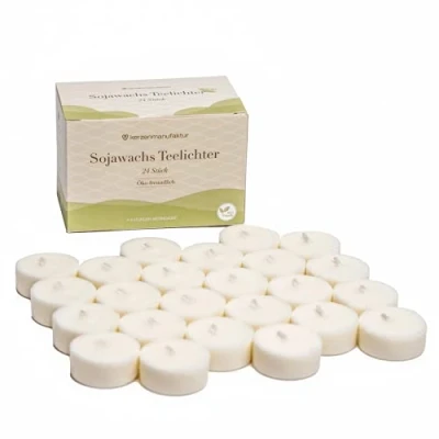 Imagen de Kerzenmanufaktur Velas de té cera soja pura (24 unidades) sostenibles blancas ecológicas sin funda