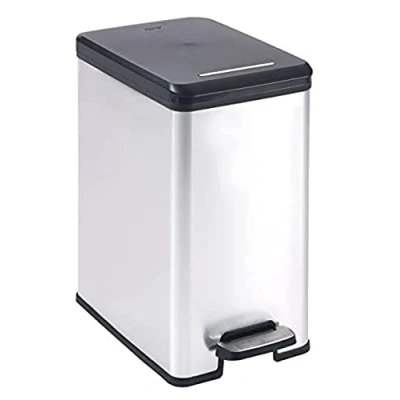 Imagen de Curver Cubo de basura Slim con pedal 25L, acabado color acero, tapa cierre amortiguado y aro para bolsa