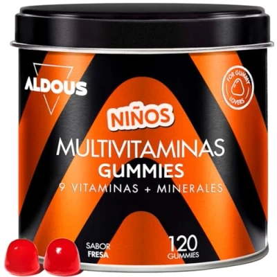 Imagen de gominolas Multivitaminas niños 120 Sabor natural Fresa 12 vitaminas y minerales Vitaminas, Biotina, Zinc, Ácido Fólico, Yodo, Colina Para los amantes de las