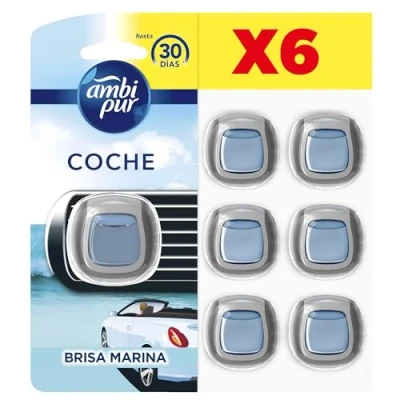 Imagen de Ambipur Car Ambientador Coche, Difusor (6 x 2ml), Elimina y Previene los Malos Olores, Fragancia Brisa Marina, Mega Pack