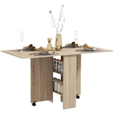 Imagen de HOMCOM Mesa de Comedor Plegable Madera con 2 Solapas Estantes Almacenaje y Ruedas para Cocina 75x140x74 cm Natural