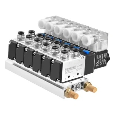 Imagen de Heschen Electroválvula Neumática Eléctrica de 6, 4V210 08DC 24V, PT1/4 5 Vías 2 Posiciones Colector Silencioso con Kit Conexiones Rápidas