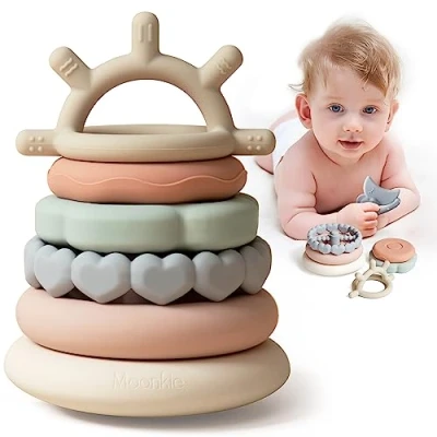 Imagen de Moonkie Juguete Bebe, 7 Piezas Juguetes Apilables de Silicona, Mordedor Educativo Aprendizaje para Bebés, Desarollo, Montessori, Regalo Bebe Niños y Niñas