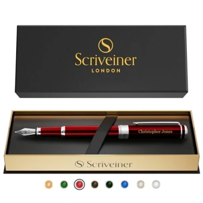 Imagen de Scriveiner pluma personalizada Rojo Carmín: de lujo con laca roja, acabado cromado, plumín alemán Schmidt (medio), set regalo grabado ideal para hombres y mujeres, personalizado