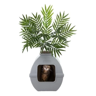 Imagen de Good Pet Stuff, The Courtyard Caja de Arena Oculta, Plantas Artificiales y Cuadrada Cerrada para Gatos, Filtro ventilado Olor, fácil Limpiar, Gris Piedra