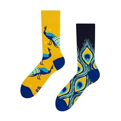 Imagen de Dedoles Calcetines Unisex Hombre Mujer y Niños Algodón muchos diseños divertidos diferente izquierda derecha, color: Amarillo, diseño: Pavo real, tamaño: 35 38