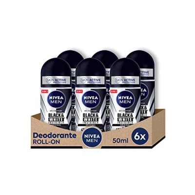 Imagen de Nivea Men Black &amp; White Invisible Roll On Desodorante antitranspirante para hombre (paquete de 6 unidades 50 ml, antihalos, Deo Roll, regula la circulación 48 h)