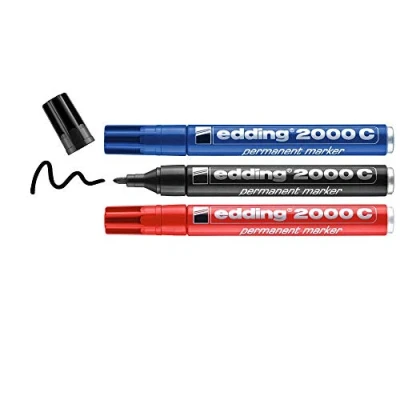 Imagen de edding 2000 C marcador permanente negro rojo azul 3 rotuladores punta redonda 1,5 3mm indeleble de secado rápido resistente al agua y a los borrones cartón plástico madera metal universal