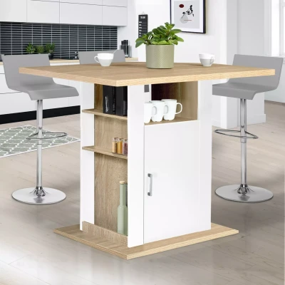 Imagen de IDMarket Ilot Central UGO 110 cm, madera blanca e imitación de haya con almacenamiento