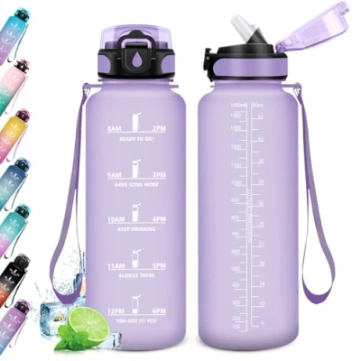 Imagen de Cantimplora Deportiva 1.5L, con Pajita, Botella Motivacional Tapa, Agua Deporte, Marcador de Tiempo, para Running, Bicicleta, Gym, Sport, Yoga