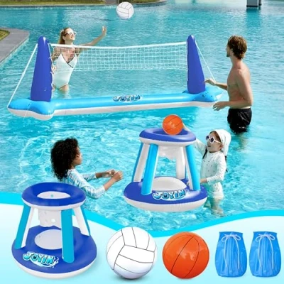 Imagen de JOYIN Juguete de Flotador para Piscina, Red Inflable Voleibol y Aros Baloncesto Niños Adultos, Pelotas Incluidas, Juego Flotadores Verano, Azul Oscuro