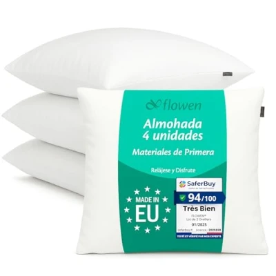 Imagen de Flowen Cojines Sofa 30x30 Almohadones 4 Unidades Decorativos Relleno Cojin Hipoalergénico Antiácaros y Suave Cuadrado con Funda Exterior Almohada Respirable en Microfibra Blanca Extraíble Lavable