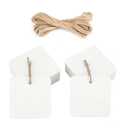 Imagen de jijAcraft Etiquetas de Papel Kraft Cuadradas 5,5cm, 100 Uds Regalo y 20 Metros Cuerda Yute, para Artesanía Navidad Cumpleaños (Blanco)