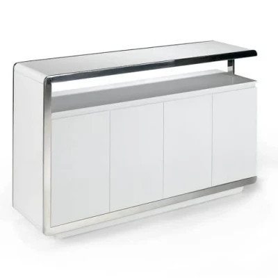 Imagen de Angel Cerdá Aparador Blanco Estructura Acero Cromado y Cuatro Puertas Dobles de Salón Moderno Funcional Madera Brillante Mueble Gran Almacenaje 140 x 40 85 cm