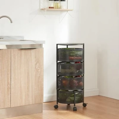 Imagen de [en.casa] Carro de Servicio con 4 Cestas Redondas Carrito Cocina Baño Ruedas Verduras Paredes Perforadas y 3 Superiores Giratorias Acero 75xØ33cm Negro