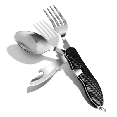 Imagen de ZIMAIC cubiertos de camping plegables, acero inoxidable, para camping, 4 en 1, abridor botellas, cuchillo, tenedor, cuchara, juego color negro