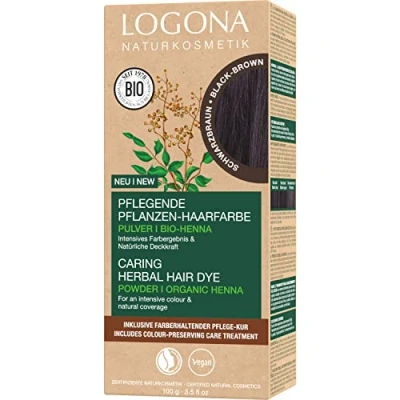 Imagen de LOGONA Naturkosmetik Tinte vegetal nutritivo para el cabello, polvo vegano con henna orgánica un color intenso y brillo, en marrón negro (marrón), 1 x 100 g