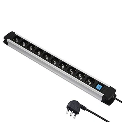 Imagen de Electraline 61903 Regleta ALU Line de 10 enchufes polivalentes, Schuko +10/16 A y 1 Interruptor Luminoso, 2 m, con Cuerpo Aluminio