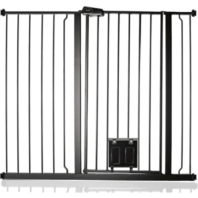 Imagen de Bettacare Barrera para Mascotas con Trampilla Bloqueable, 113.8cm 121.4cm, Negra, Altura de 104cm, Seguridad Extra Alta Perros Gatos, Instalación Fácil