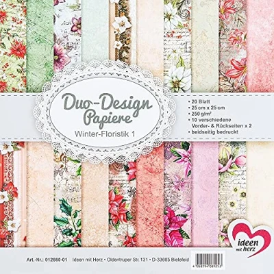 Imagen de Ideen mit Herz papel de diseño Duo, 20 hojas para manualidades, 25 x cm, 250 g/m², impreso por ambos lados, ideal álbumes recortes (floristería invierno 1)