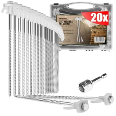 Imagen de com four® 20 estacas de Tienda Acero Tornillo en la Caja Transporte Suelo Resistentes con Rosca para Camping y Exterior Ideales Suelos Duros