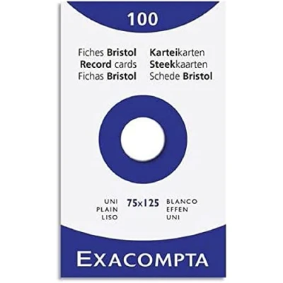 Imagen de Exacompta Bristol Tarjeta de registro, Liso, 75 x 125 mm, paquete 100 tarjetas, Blanco, tarjetas